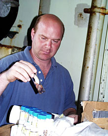 Biologist Tim Shank was still packing his samples for the trip home as we came into port. Tim collected 2,000 shrimp from the hydrothermal vents for analysis at his lab at Woods Hole Oceanographic Institution.