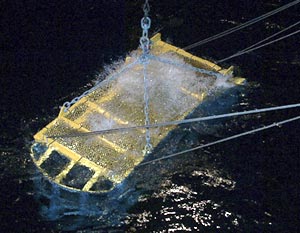 The camera heading to the seafloor. In six hours we will be looking at pictures of submarine Galápagos lava flows that no one has ever seen before!  