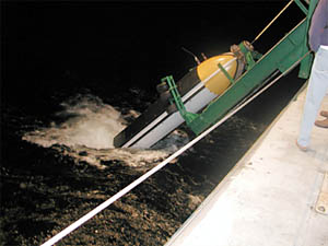 The MR1 sonar fish was put into the sea early this morning to start surveying the submarine east rift zone of Genovesa Island.  