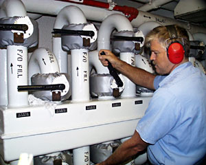  This morning, Steve St. Martin, Second Assistant Engineer, transferred fuel from one of the 12 fuel tanks to the center tank which feeds the engines.  