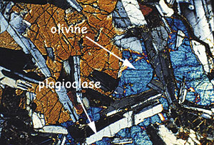 This is a thin section of diabase, a type of basalt that is coarse-grained; meaning it has lots of larger mineral crystals in it. It has more and larger crystals because it cooled slower than most pillow basalts, which are finer-grained. The arrows show olivine and plagioclase. Photomicrograph by Mike Perfit, U. Florida.