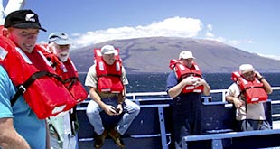 Jack Healy (left), Dan Jacobson, Steve St. Martin, Dennis Barclay, and Rey Esteban on the fore deck during the abandon ship drill. 