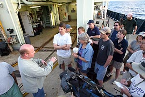  Co-Chief Scientist Tim Shank explains highlights of his dive to a waiting crowd. 