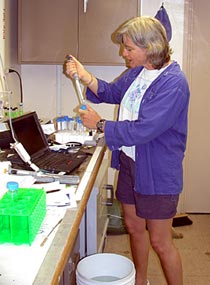  Anna-Louise Reysenbach pipets a sample of water collected at the new diffuse flow vent site to count bacterial cells.