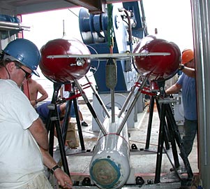 ABE is carefully maneuvered into its container by the ship’s crew this morning.