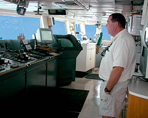 At 7:40 a.m., under cloudy but friendly skies, R/V Atlantis kicks off from shore with a heave of the gangplank. Able Seaman Catfish (yes, that’s his name) helps guide it on board.  