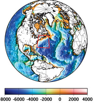 A satellite-generated map of Earth, with the area of Expedition 7 boxed in red.