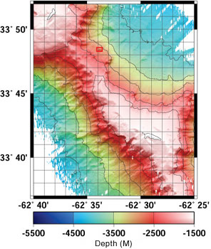 This map is a close-up of the boxed section in slide 4. It might help the Chief Scientist decide if this is an area worth sending Alvin down to. Note the very small boxed area in the upper left quadrant. That's the area we'll look at in the next slide.