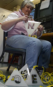 On Sunday night, Chief Scientist Deb Kelley helped construct markers for placement at structures on the Main Endeavour hydrothermal vent field. Each letter represents a different chimney structure (N for Needle, E for Easter Island, and Cr for Crypto). Cutouts prevent bacterial growth from obscuring the sign.