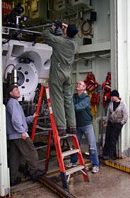 During the clean up of the area north of Mothra, divers in Alvin recovered old transponders. Visible is a line that streams up from the base of the transponder.