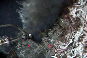 Alvin divers use the sub’s manipulator arms to take a fluid sample from Sully, a hydrothermal structure located in the Main Endeavour vent field. 