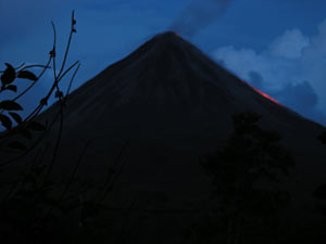 At night, WHOI scientists visiting Arenal Volcano watched red-hot lava flow down the upper slopes.