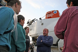Biologist Tim Shank draws a crowd after returning from the dive to Rosebud His colleagues want to know all about the animals he saw at the hydrothermal vent field, and how they have changed since 2002.