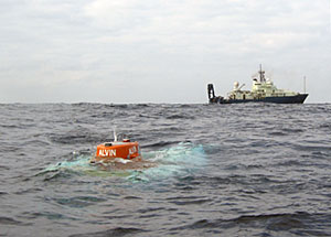 Alvin descends to the seafloor this morning, after deployment from the R/V Atlantis (Photo by Mark Spear)