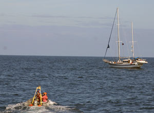 We now have 47 people on board, after five special guests from WHOI departed mid-morning. A ketch, Rachel, transported them back to the Galapagos Islands. (Photo by Amy Nevala)