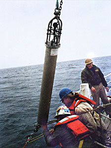 A “Haru”phone is deployed over the side of a research ship. 