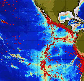 This is a “jumbled” or “hackly” sheet flow -- one of the fastest-moving flows on the seafloor. They form in the same way as ropy sheet flows (Slide 5), except the interior of the flow is moving so fast that it actually breaks up the ropes and folds that form on the surface. When it finally stops moving, it forms a jumbled pile of broken roData collected by the Autonomous Hydrophone Array in the eastern Pacific Ocean in 1997.cks. 
