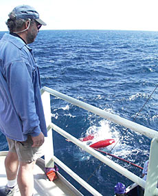 ABE at the surface and ready to spiral downward to the seafloor. 
